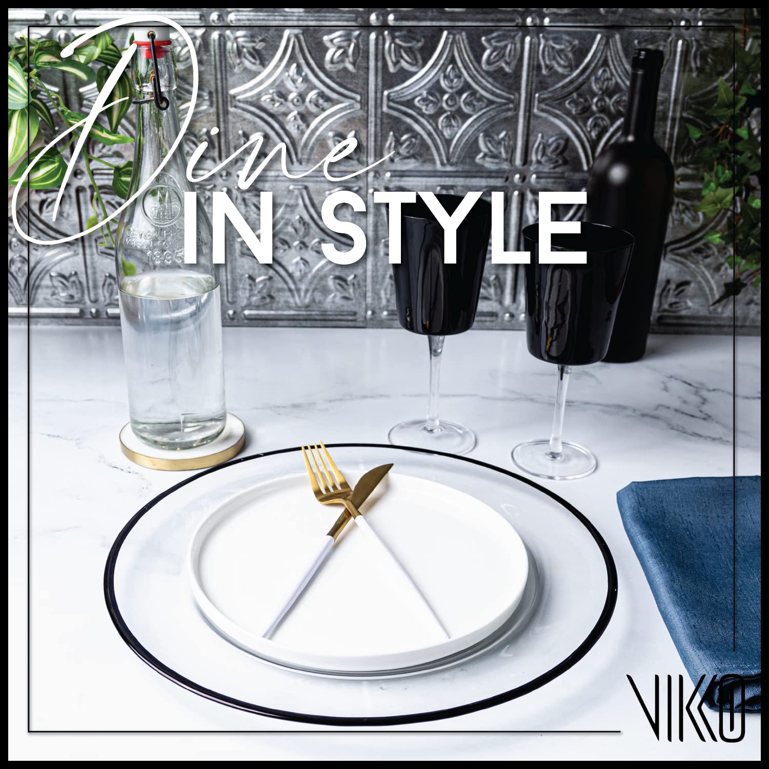Vikko Glass Charger, 13 Inch Clear Glass Dinner Plate Charger with Black Rim, Set of 4 Elegant Place Setting Chargers