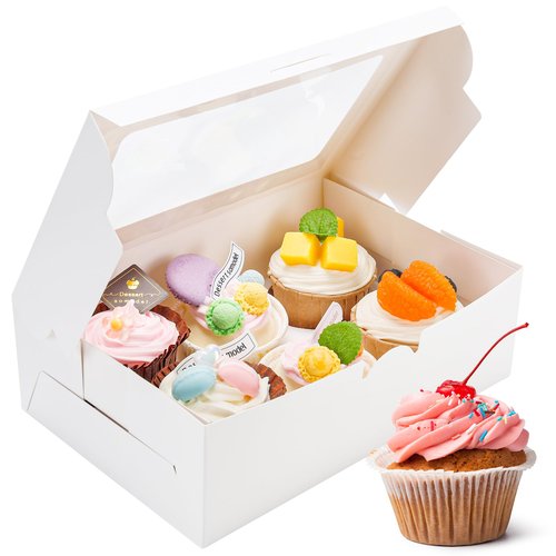 NPLUX 6 Pack Cupcake Boxes with Inserts 6 Holders, White Standard Bakery Boxes with Window Food Grade Cupcake Containers 6 Count for Muffins