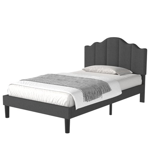VECELO Twin Size Upholstered Platform Bed Frame with Adjustable Headboard, Wood Slat Support and Noise-Free, No Box Spring Needed, Easy Assembly, Dark Grey
