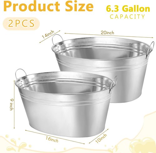 2 Pcs 6.3 Gallon Galvanized Beverage Tubs Large Drink Buckets for Parties Insulated Metal Ice Bucket with Handles Rustic Storage Container for Parties Beer Drinks, Silver