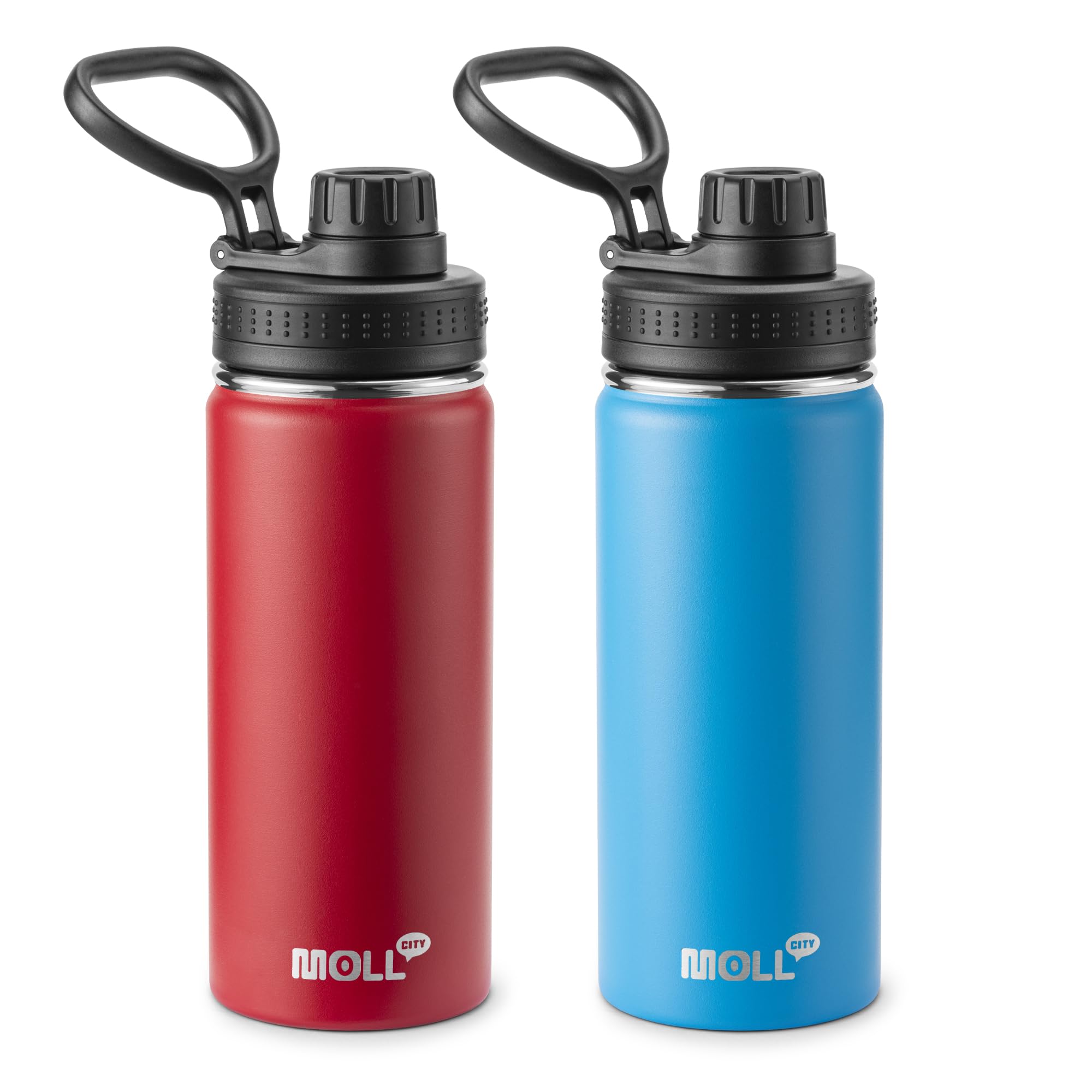 Mollcity 16 oz Water Bottle Stainless Steel Vacuum Insulated Wide Mouth Sports Flask, 2 Pack Water Bottle with Leakproof Spout Lid (Canyon Red-Sky Blue)