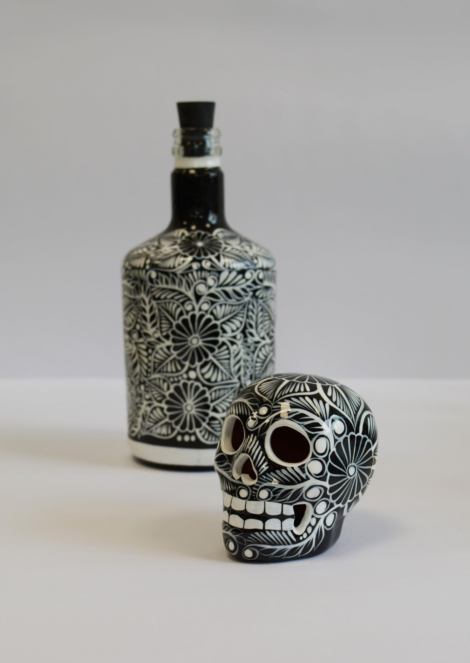 Tequila Decanter Set, Liquor Decanter with Shot Glasses and Mexican Sombrero, Hand-painted Decanter, Skull Decanter, Bar Decoration, Unique Tequila Gift, Gift For Dad, (Black Decanter Set)