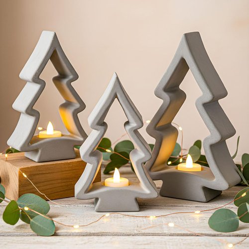 Meanplan Christmas Tree Tealight Candle Holders - Rustic Plaster Votive Set for Holiday Decor | 3 Pcs