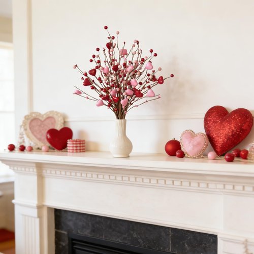 idyllic 17 Inch 24 Pcs Valentine's Day Pink Red Heart Berry Branch Decoration, Artificial Stem Picks for Indoor Mantel Cabinet Table Valentine Wedding Anniversary Dinner Home Decor