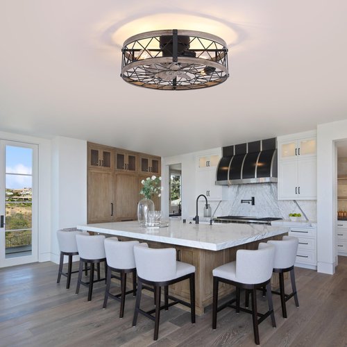 REDSTAR Flush Mount Caged Ceiling Fan with Lights, 20" Small Bladeless Ceiling Fans with Remote, Rustic Low Profile Ceiling Fans 6-Speeds Reversible Enclosed Ceiling Fan for Bedroom Kitchen Farmhouse
