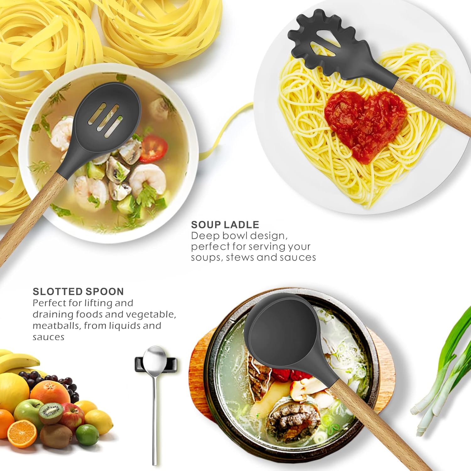 Oannao Silicone Cooking Utensils Set - 446°F Heat Resistant Kitchen Tools for Nonstick Cookware | Gray