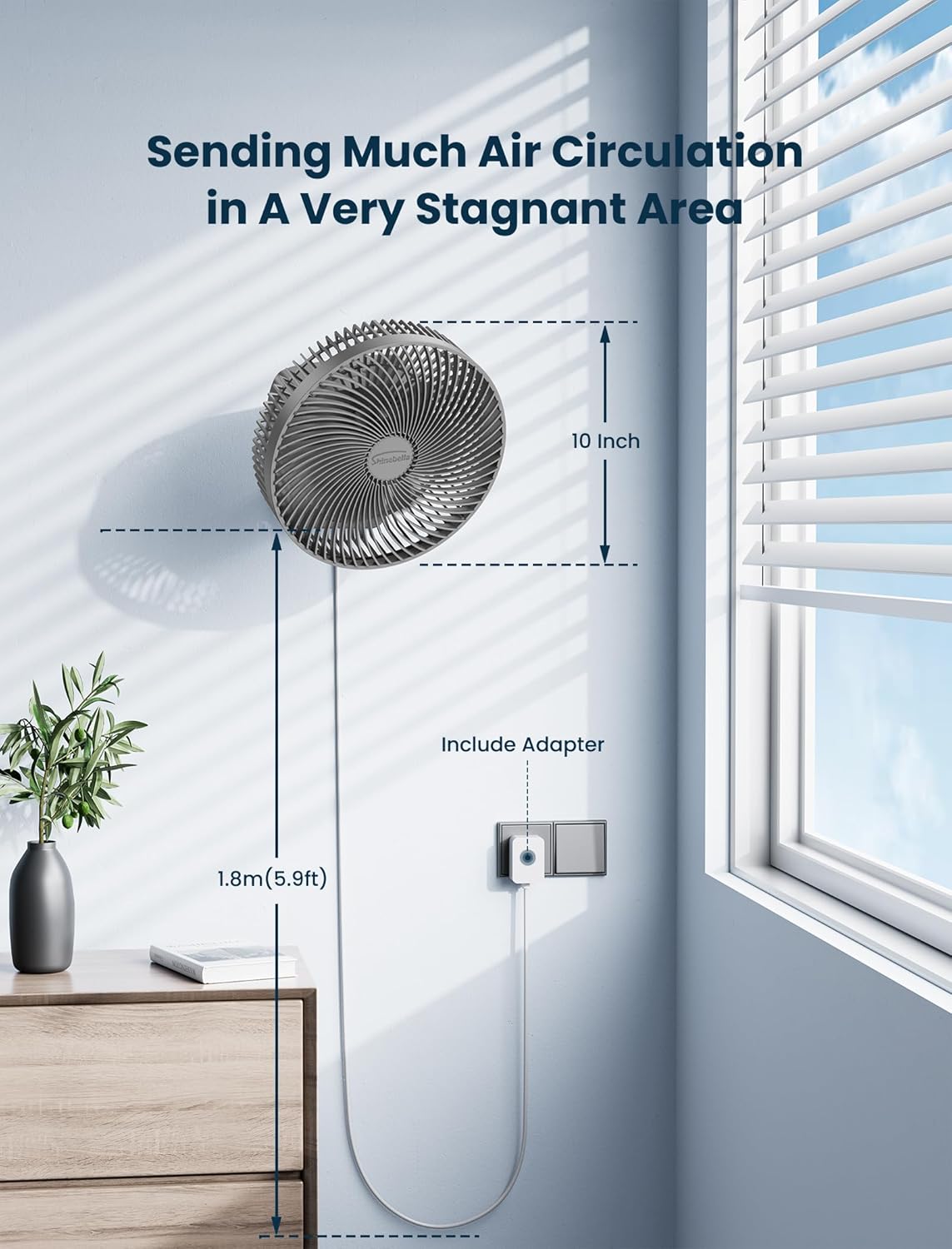 Shinebella 10-Inch Oscillating Wall Fan - Portable Remote-Controlled Fan with 4 Speeds & Timer | Grey