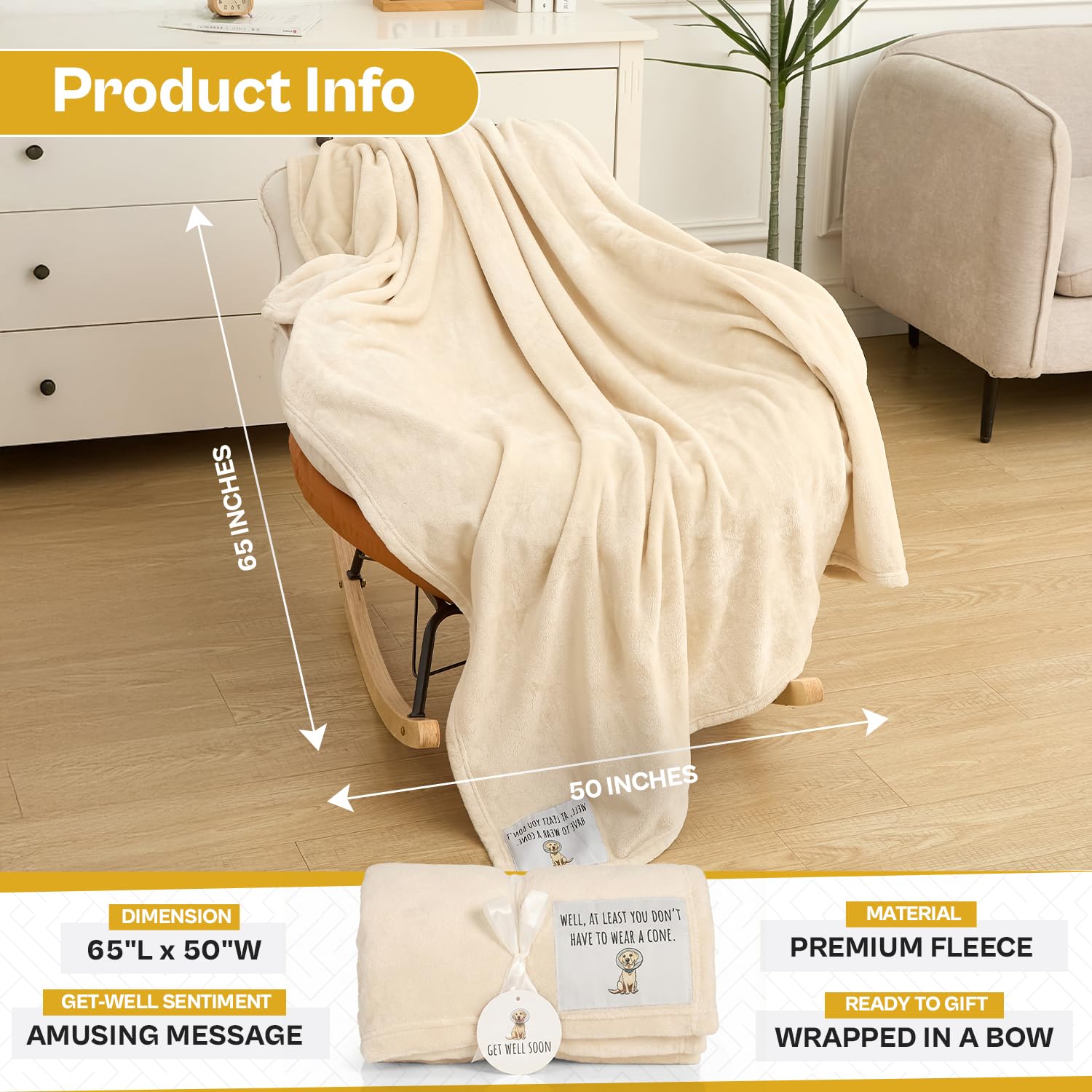 Solsken Home Get Well Soon Blanket – at Least You Dont Have to Wear A Cone Funny Get Well for Women & Men, Surgery, Illness, Sympathy & Comfort Throw, Ivory 50"x65"