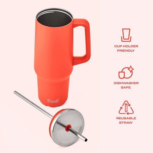 S'well Recycled Stainless Steel Tumbler XL with Straw and Handle, 40oz, Radiant Coral, Triple Layered Vacuum Insulated Container Keeps Drinks Cold 50 hours and Hot for 10, BPA Free