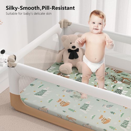 IOCCLH Pack N Play Sheets Fitted, 2-Pack Fit for Standard Pack N Play Mattress, Mini Crib Sheets,Breathable Soft Unisex Playard Sheets (Polar Bear & Green Rainbow)