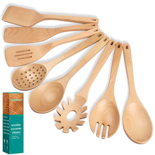 HOWHONG Wooden Spoons for Cooking, Beech Wood Kitchen Utensil Set, Premium Handmade Wooden Cooking Utensils for Nonstick Cookware, Heat Resistant, Smooth Finish, Comfortable Grip, 8 Piece