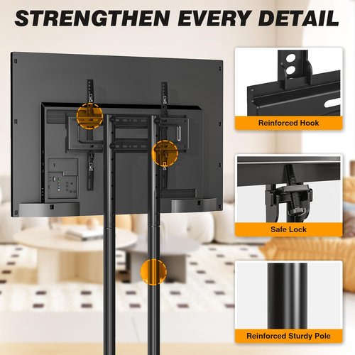 5Rcom Dual-Pole Rolling TV Stand for 32-75 inch LCD LED Flat & Curved TVs, Height Adjustable Portable TV Stand with Lockable Wheels, Mobile TV Cart up to 88lbs for Bedroom, Living Room, Outdoor