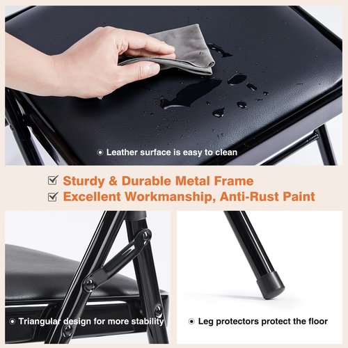 Sweetcrispy Folding Chair 4 Pack, Leather Padded Folding Chairs, Sturdy Metal Foldable Chairs, Easy to Use and Store, Outdoor and Indoor, for Home, Office, Party, Comfy, Black