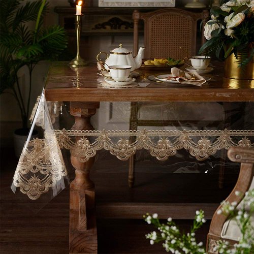 ARTABLE Vinyl PVC Rectangle Tablecloth Waterproof Clear Table Cover with Champagne Lace Macrame Border for Wedding Kitchen Home Outdoor Indoor Holidays Party Decor (Champag, 60 x 104 Inch)