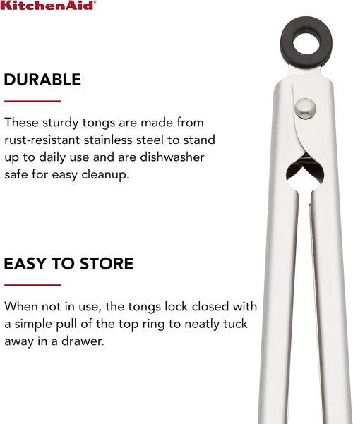KitchenAid Stainless Steel Serving Tongs - 9 Inch with Secure Lock & Hang Hook, Durable Design