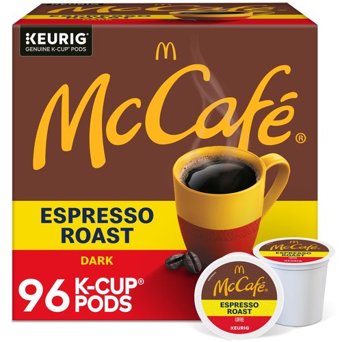 McCafe Espresso Roast Coffee, Keurig Single-Serve K-Cup Pods, 96 Count (4 Packs of 24), Dark Roast Made with Arabica Beans, Bold Flavor with Bittersweet Chocolate & Toasted Nut Notes