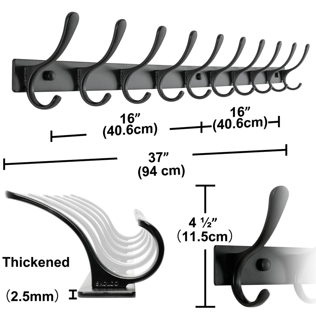 SKOLOO Coat Rack Wall Mounted - 10 Hooks, Pack of 2, Heavy Duty, Stainless Steel, Metal Wall Hanger, Sturdy Coat Hooks for Hanging Coats, Jacket, Clothes, Hat, Black