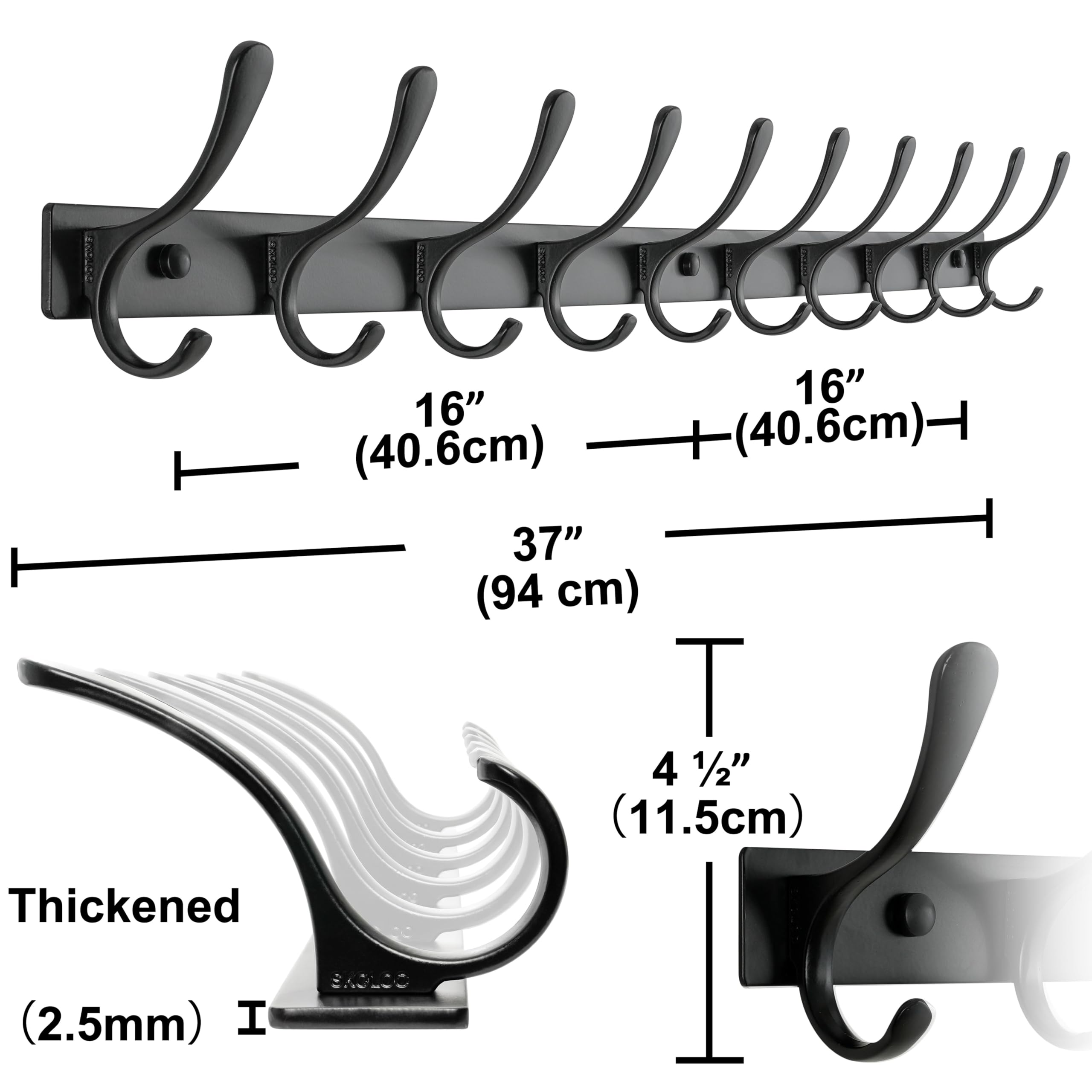 SKOLOO Coat Rack Wall Mounted - 10 Hooks, Pack of 2, Heavy Duty, Stainless Steel, Metal Wall Hanger, Sturdy Coat Hooks for Hanging Coats, Jacket, Clothes, Hat, Black
