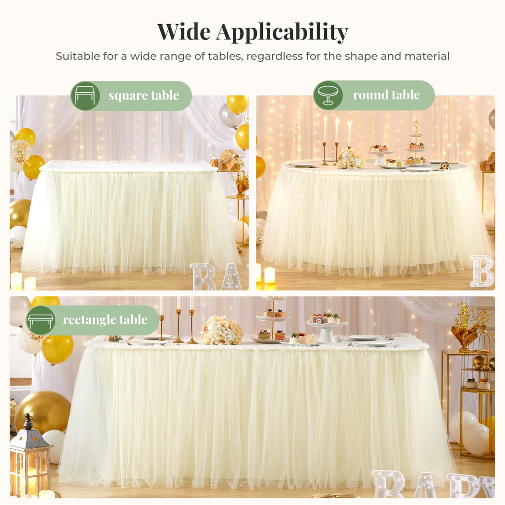 PARTISKY 21FT Length Champagne Tulle Table Skirt for Rectangle Tables 2-Layer Ruffle Tulle Tutu Cloth Desk Table Skirt for Baby Shower Girl Birthday Party Wedding Cake Dessert Decorations