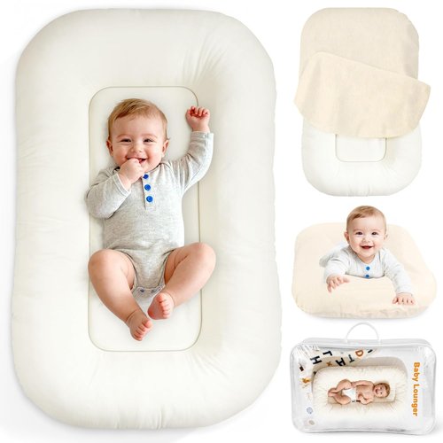 **Baby Lounger by Snuggle Nest - Breathable Cotton Infant Nest for Newborns 0-24 Months | Portable White Design**
