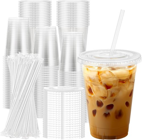 Lamosi 100 Pack Clear Plastic Coffee Cups - 16 oz with Lids & Straws for Iced Beverages | Disposable Drinkware