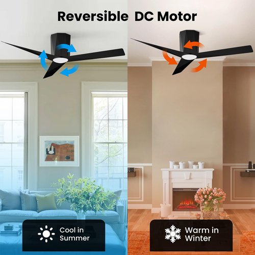 Roomratv Black Ceiling Fans with Dimmable Led Lights, 52 Inch Flush Mount Ceiling Fan Remote Control, Quiet DC Reversible Motor for Summer Winter, Low Profile Modern ABS Blades Indoor Use
