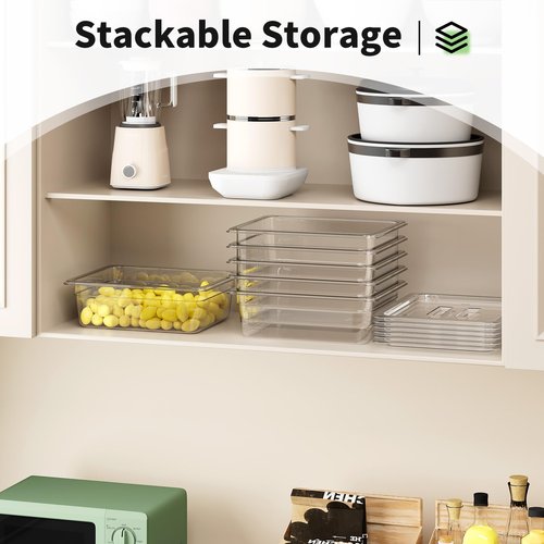 FORITRUE 1/2 4'' 6 Pack Plastic Food Pans With Lids, Clear Food Pan, Commercial Stackable Polycarbonate Freezer-Safe for Fruits Vegetables Restaurant Kitchen