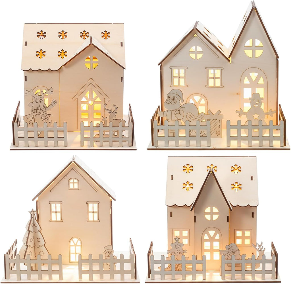 Qunclay Christmas Village Set - 4 Unfinished Wooden Houses for Holiday Crafts & Table Decor