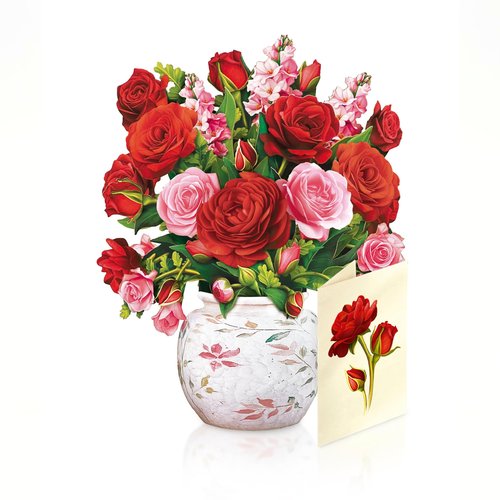 Freshcut Paper Pop Up Cards, Mini Blooming Roses (Set of 2), 6 Inch Mini Sized Forever Flower Bouquet 3D Popup Greeting Cards, Valentine's Day, Anniversary Card, Blank Notecard & Envelope