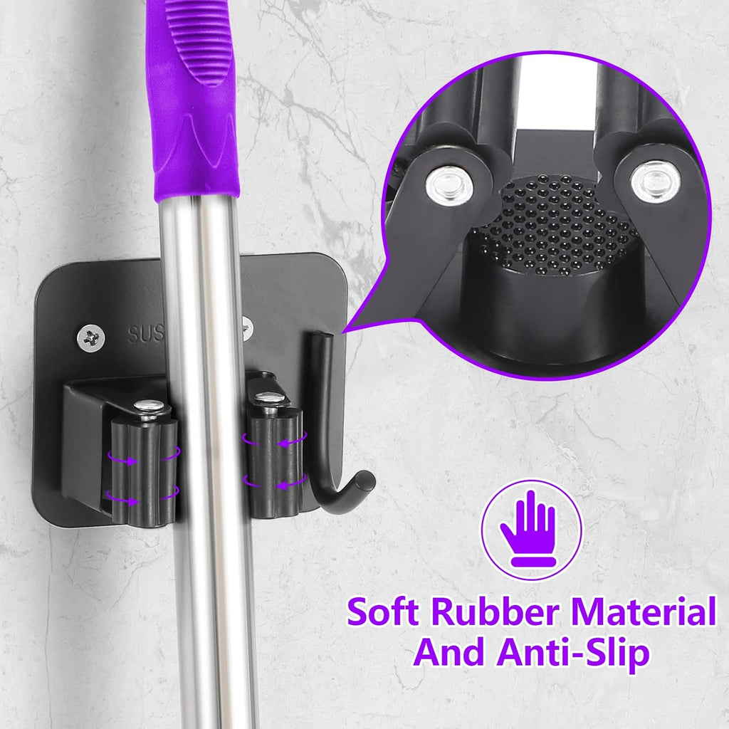 Stainless Steel Broom Holder - Heavy Duty & Rust Resistant | 4 Gripper Positions & Hooks, Black