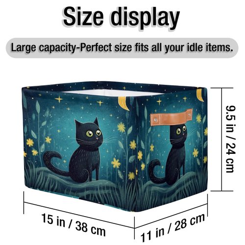 OMFUNS Cute Cat Storage Basket, Star Flower Foldable Storage Bin with Handle Fabric Rectangular Storage Box Organizer for Closet Shelf Home Office Nursery Toy Basket, 1 Pack