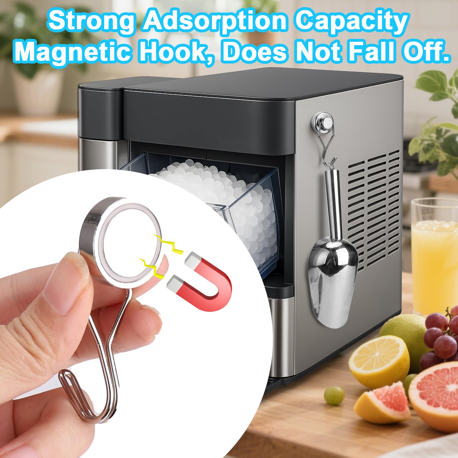 Stainless Steel Ice Scoop for Freezer with Magnetic Hook - Ice Scoop for GE Profile Opal 2.0 Nugget Ice Maker, for Kitchen Bar Party Accessories (3OZ-Silver)