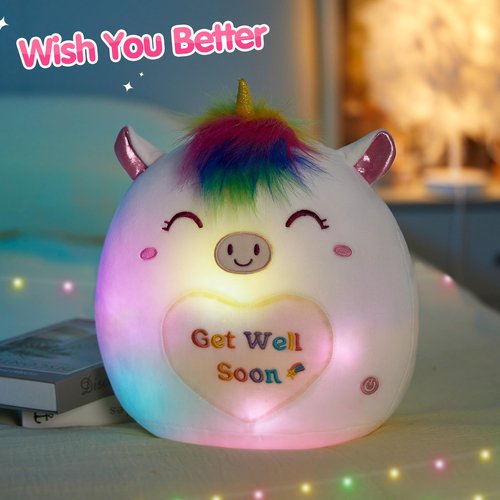 Athoinsu 12" Get Well Soon Unicorn Led Plush Pillow Soft Sofa Cushion Squishy Plushie Toy Cute Stuffed Animal Room Decor Feel Better Gifts for Recovering Patient