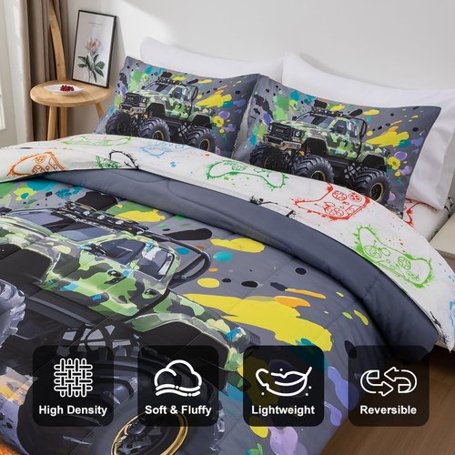 Holawakaka Boys Twin Size Off-Road Camo Racing Truck Print Bedding Comforter Set with Sheets, Cartoon Camouflage Race Trucks Bed in A Bag 5 Pieces Kids Teens Car Dorm Reversible Bed Sets