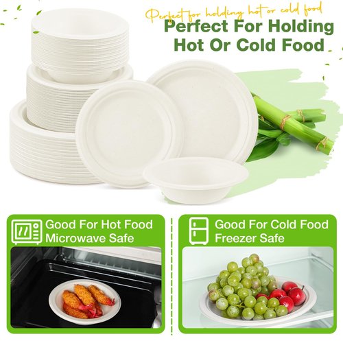 Havawish 300 Pcs White Compostable Paper Plates and Bowls Set 7 Inch 9 Inch Disposable Plate 12oz Biodegradable Bowls for Party Dinner Bulk Party Supplies