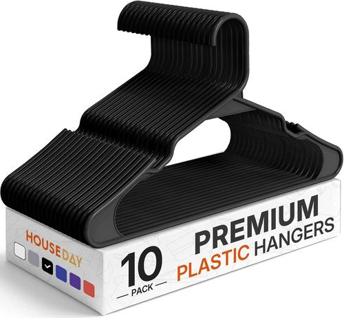 HOUSE DAY Premium Plastic Hangers - Heavy Duty Space-Saving Clothes Organizer | 10 Pack (Black)
