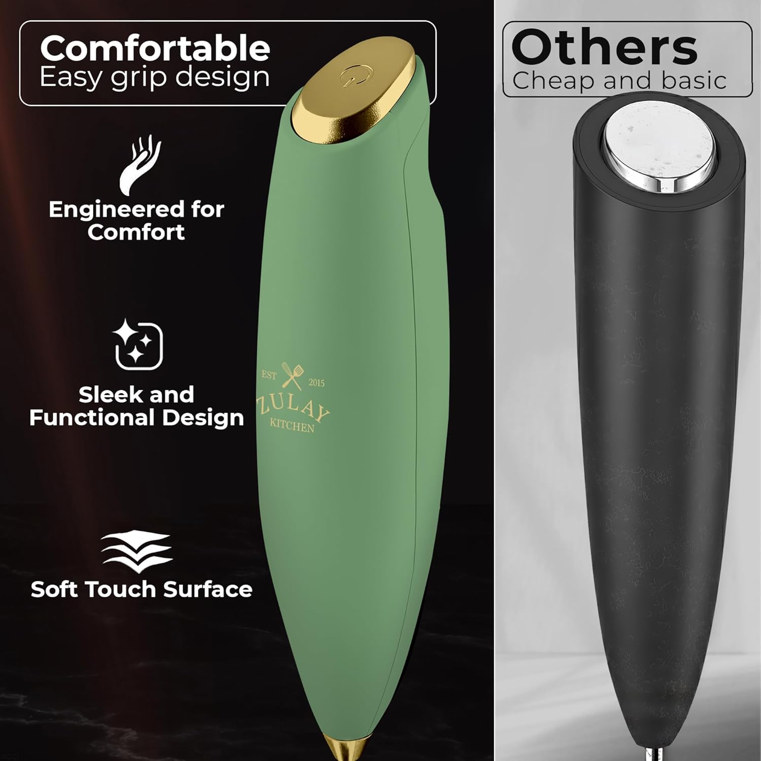 Zulay Kitchen Tornado Triple Whisk Milk Frother - Handheld Foam Maker for Coffee & Lattes - Olive & Gold