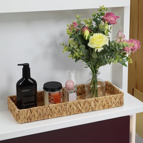 Bathroom Vanity Tray, 16.7 Inch Water Hyacinth Toilet Tank Baskets, Long Wicker Counter Tray for Paper Hand Towel, Bathroom Counter Organizer for Decor Coffee Table (16.7" x 6" x 2")