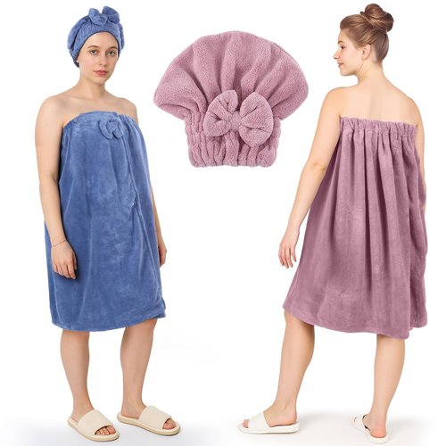 JIEYAO 2 Sets Plus Size Towel Wraps for Women, Bath Towel Dress with Hair Towel, Spa Shower Towel Wrap Adjustable Oversized Body Wrap Wearable Bath Wrap for Quick Drying Hair and Body