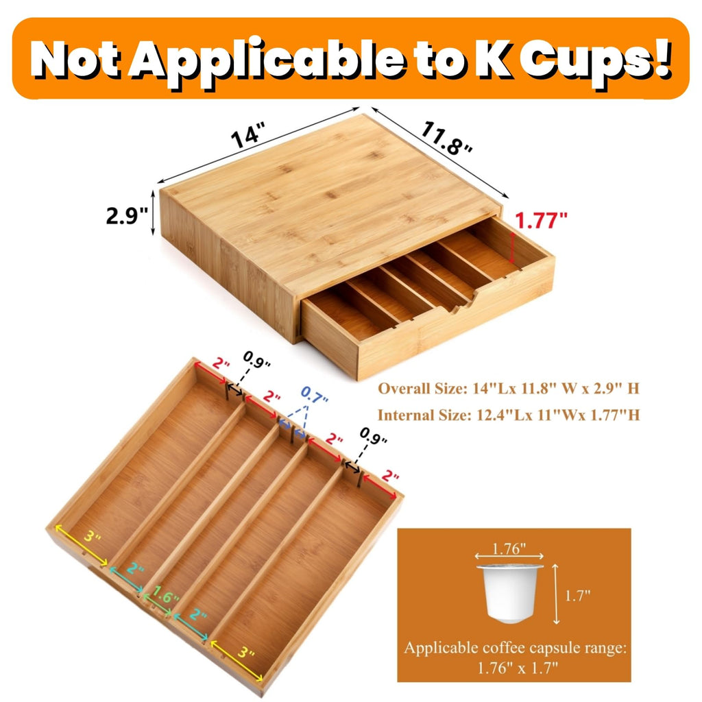 Peohud Bamboo Tea Bag Organizer, Tea Bag Storage Box for Countertop with Removable Divider Drawer, Functional Coffee Pod Holder for Kitchen, Office, Coffee Station, Tableware, Cosmetics