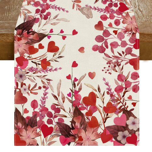 RABUSOFA Valentine's Table Runner, Pink Love Floral Anniversary Wedding Kitchen Dining Table Decoration for Home Party Decor 13x72 Inch Red Pink