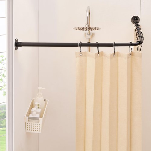 Mirooyu L Shaped Shower Curtain Rod, [24"-47.6"] x [24"-47.6"] Dual-Slide Corner 90 Degree Shower Rod for Bathroom, Bathtub & Outdoor with 12 Hooks & Ceiling Support - Matte Black