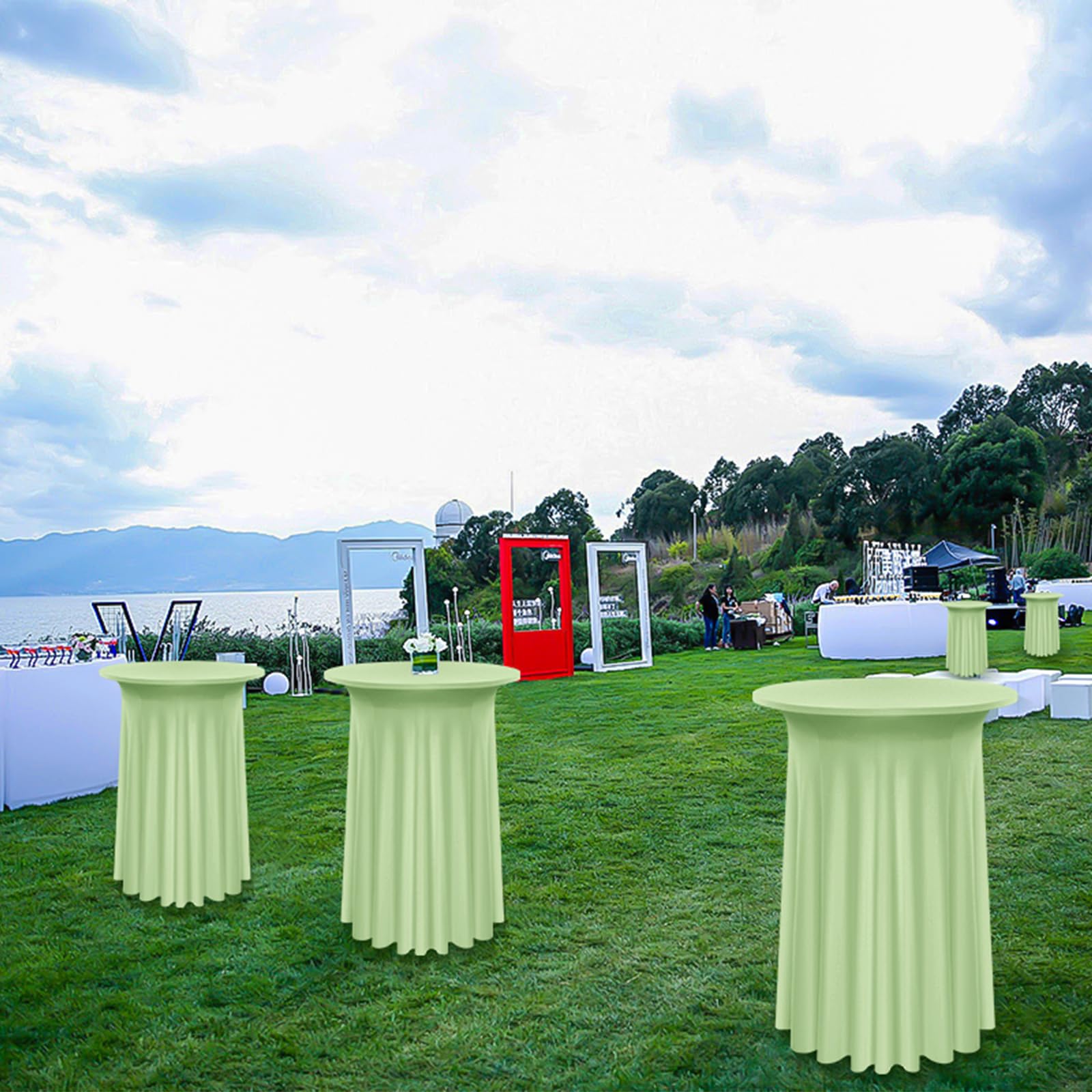 Pesonlook 6 Packs Round Cocktail Table Skirt 32"x 43", Sage Green Cocktail Table Cloth with Skirt, Spandex Stretch Table Cover Fitted High Top Table for Party Banquet