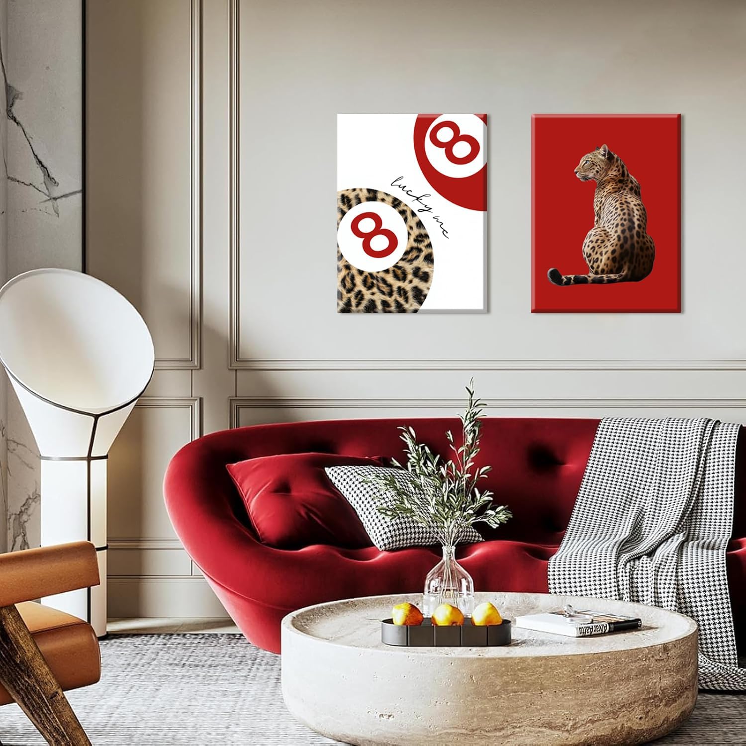 Skiennix Leopard Canvas Wall Art Set of 3 - Red Cheetah High Heel & Lucky 8 Ball Prints | 16x24 Inch Framed Decor for Girls' Bedroom