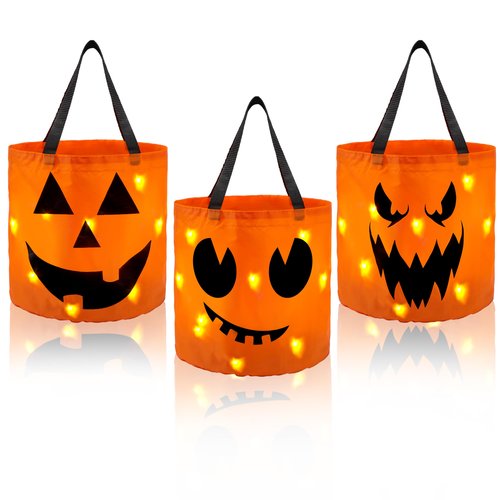 JOYIN 3 PCS Halloween Candy Pumpkin Buckets, 10.2 x 11.8 LED Light Trick or Treat Buckets, Orange Reusable Goody Treat Baskets for Kids Polyester Bags, Halloween Birthday Party Favor Supplies