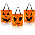 JOYIN 3 PCS Halloween Candy Pumpkin Buckets, 10.2 x 11.8 LED Light Trick or Treat Buckets, Orange Reusable Goody Treat Baskets for Kids Polyester Bags, Halloween Birthday Party Favor Supplies