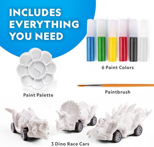 National Geographic Dinosaur Race Cars Craft Kit - Paint 3 Dino Cars with 6 Colors | Kids Arts & Crafts