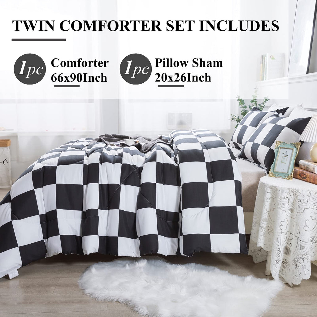 Andency Checkered Comforter Twin(66x90Inch), Black White Plaid Gingham Bed Set for Teen Boys Kids, Lightweight Polyester Geometric Preppy Bedding, 2 Pieces