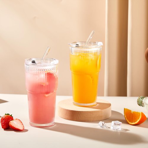 Wells 20oz Glass Cups with Lids and Straws, Ribbed Iced Coffee Cups, Thickened Drinking Glass Tumbler, Ideal for Coffee, Smoothies, Cocktails, and Juices, Clear, Set of 4