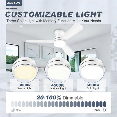 ZOEYON Ceiling Fans with Lights - 42 Inch Low Profile Ceiling Fan with Light and Remote Control, Reversible, 3CCT Dimmable, Noiseless, White Small Flush Mount Ceiling Fan for Bedroom Indoor/Outdoor